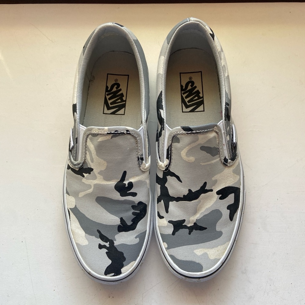 Vans Women’s Gray Camouflage Slip-On Sneakers
